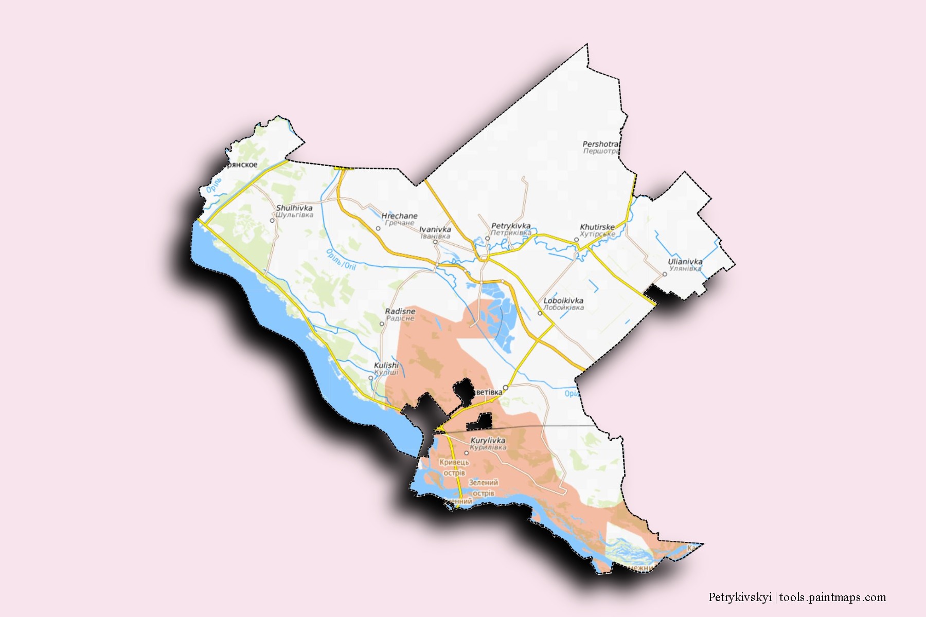 Mapa de barrios y pueblos de Petrykivskyi con efecto de sombra 3D