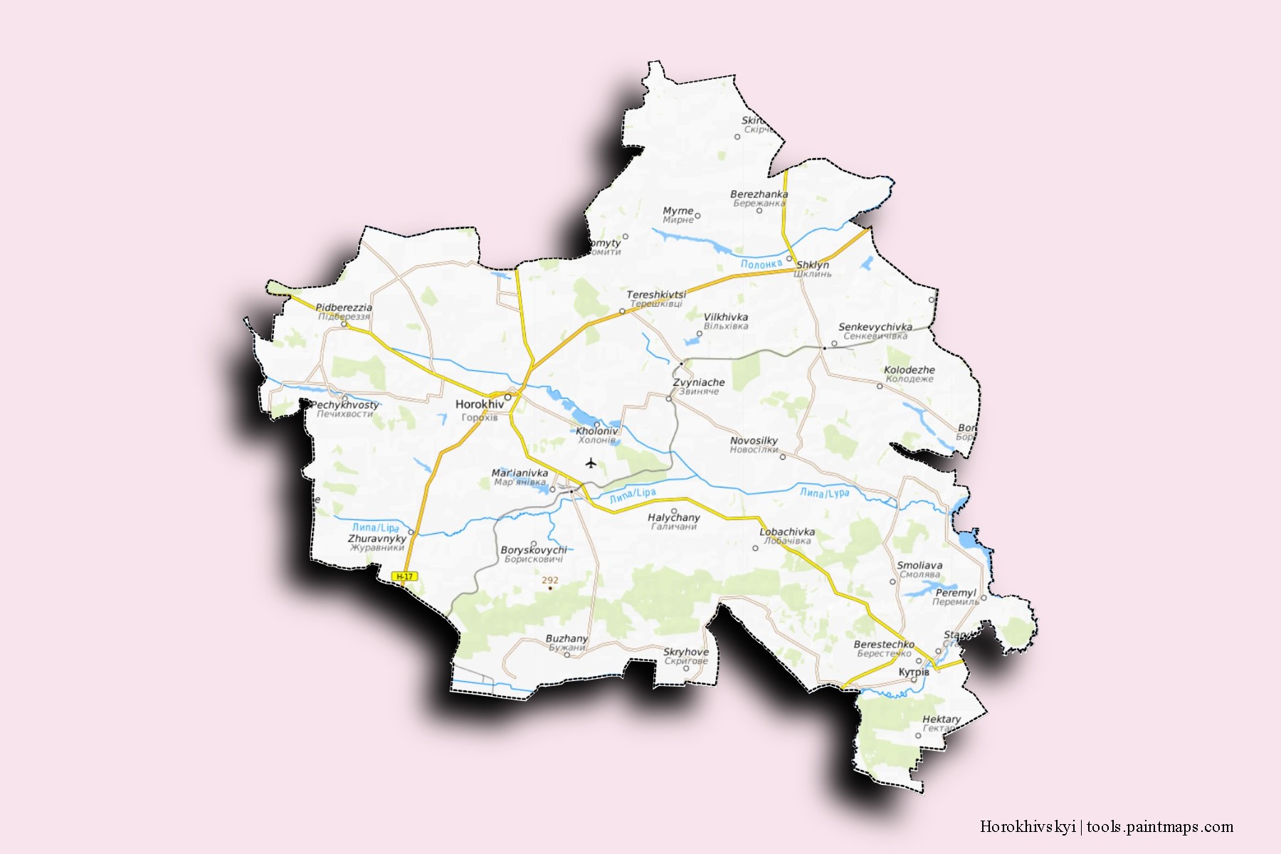 Mapa de barrios y pueblos de Horokhivskyi con efecto de sombra 3D