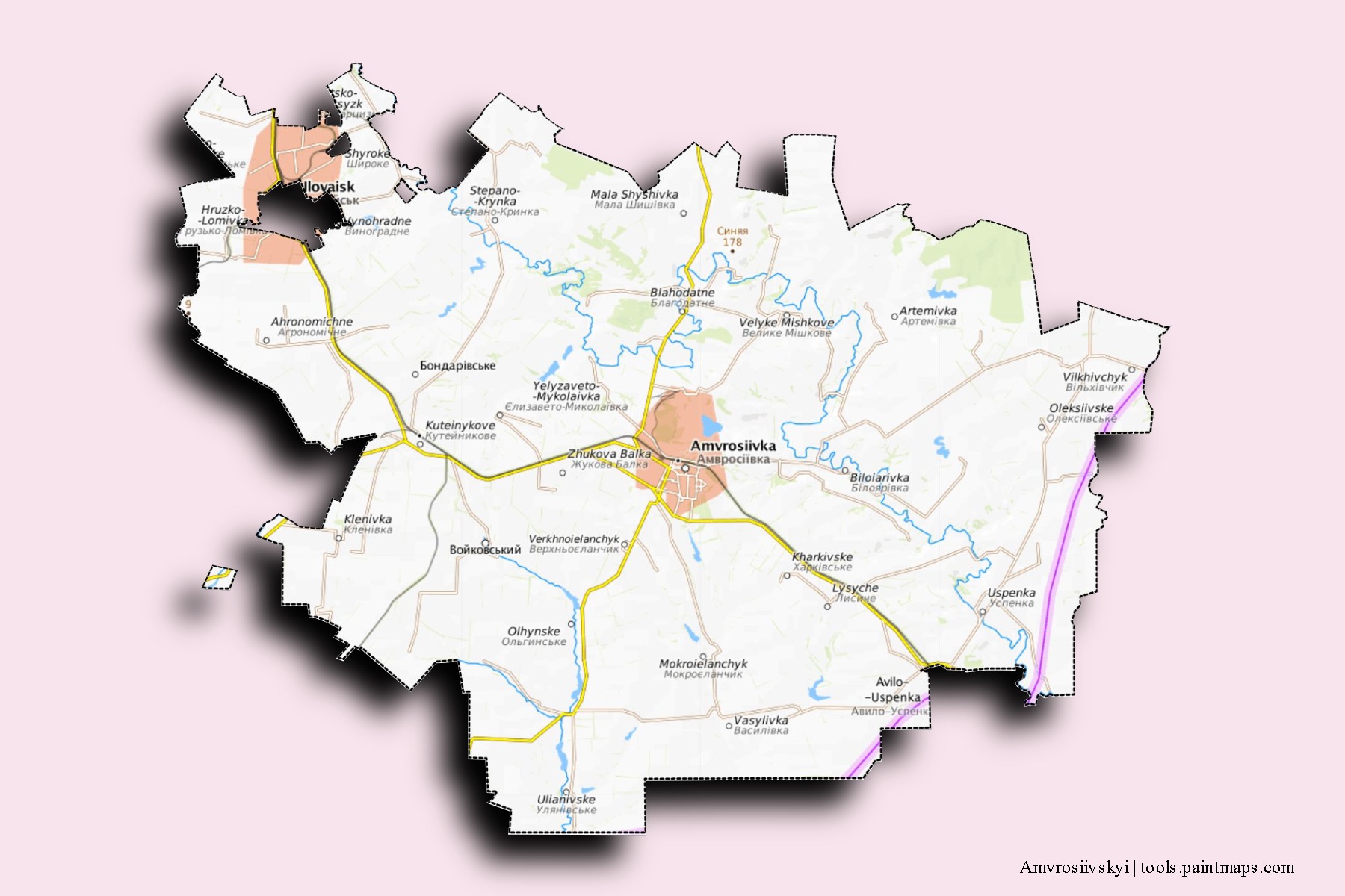 Mapa de barrios y pueblos de Amvrosiivskyi con efecto de sombra 3D