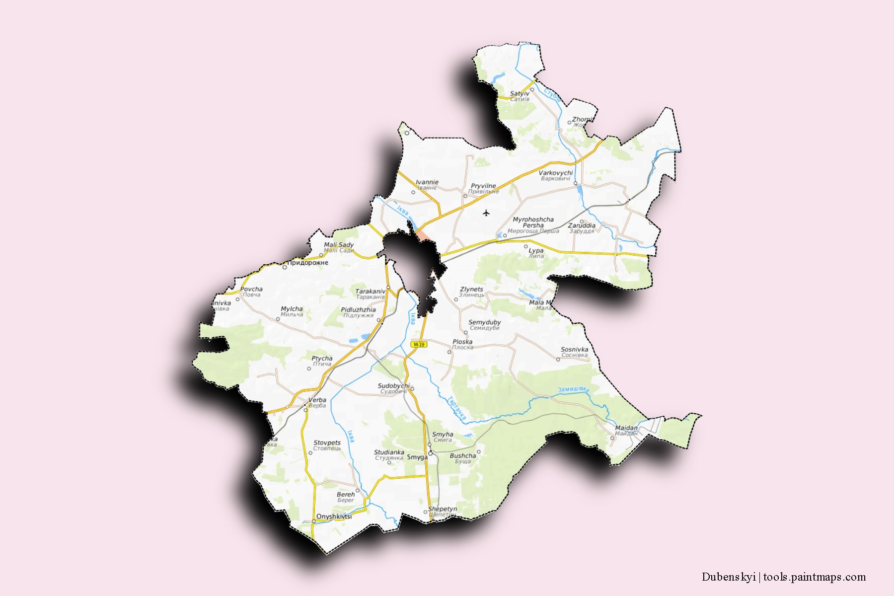 Mapa de barrios y pueblos de Dubenskyi con efecto de sombra 3D