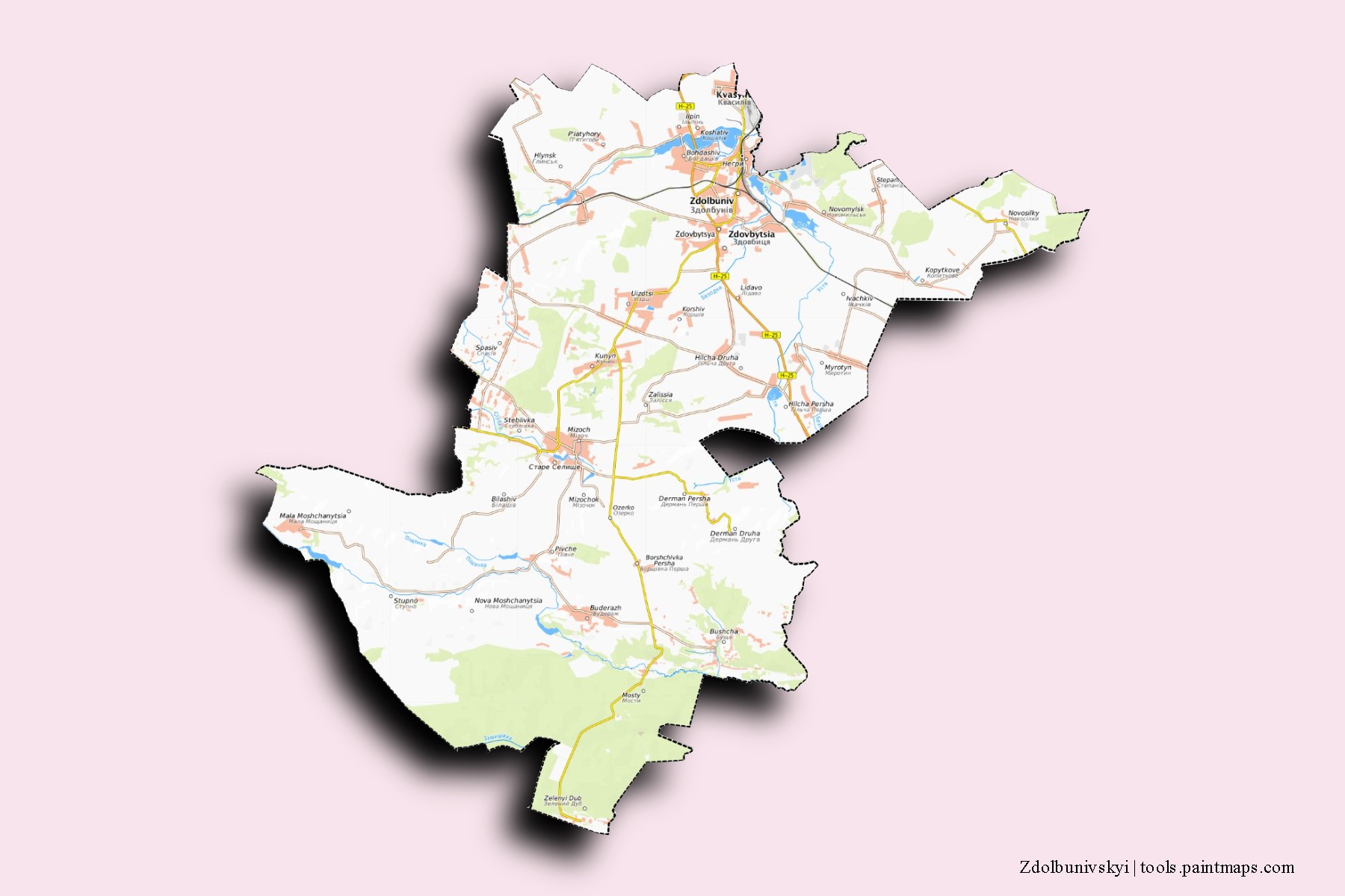 Mapa de barrios y pueblos de Zdolbunivskyi con efecto de sombra 3D