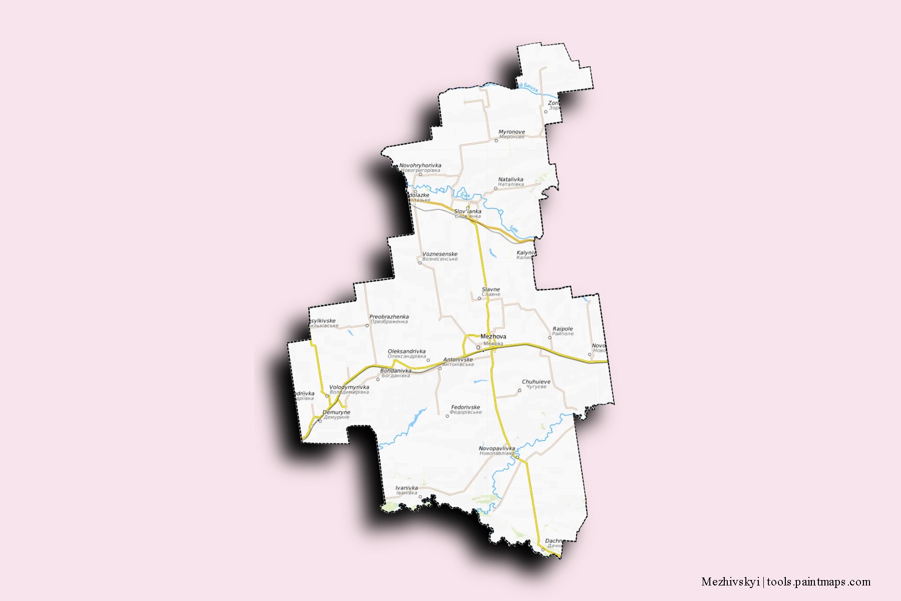 Mapa de barrios y pueblos de Mezhivskyi con efecto de sombra 3D