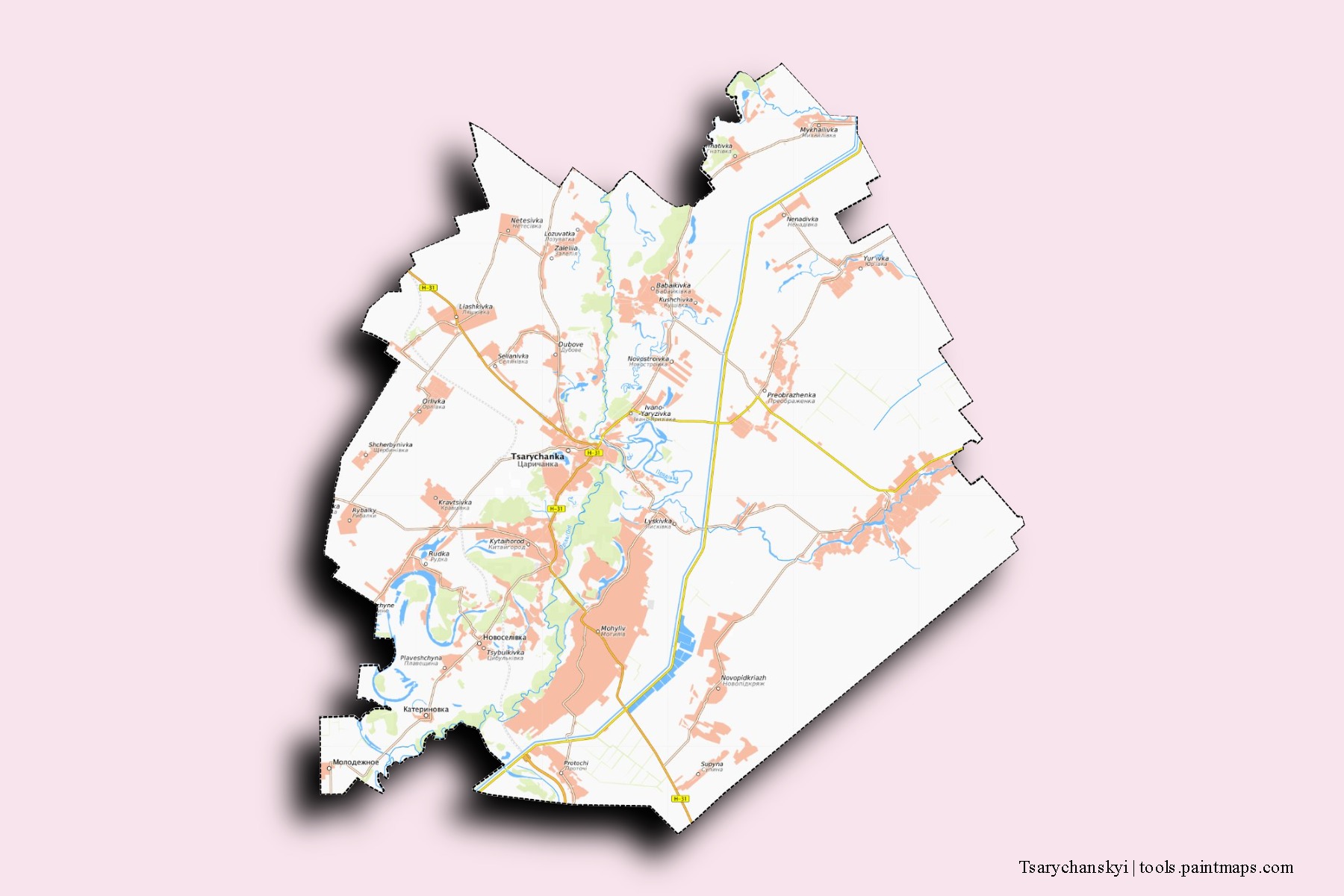 Tsarychans'kyi neighborhoods and villages map with 3D shadow effect