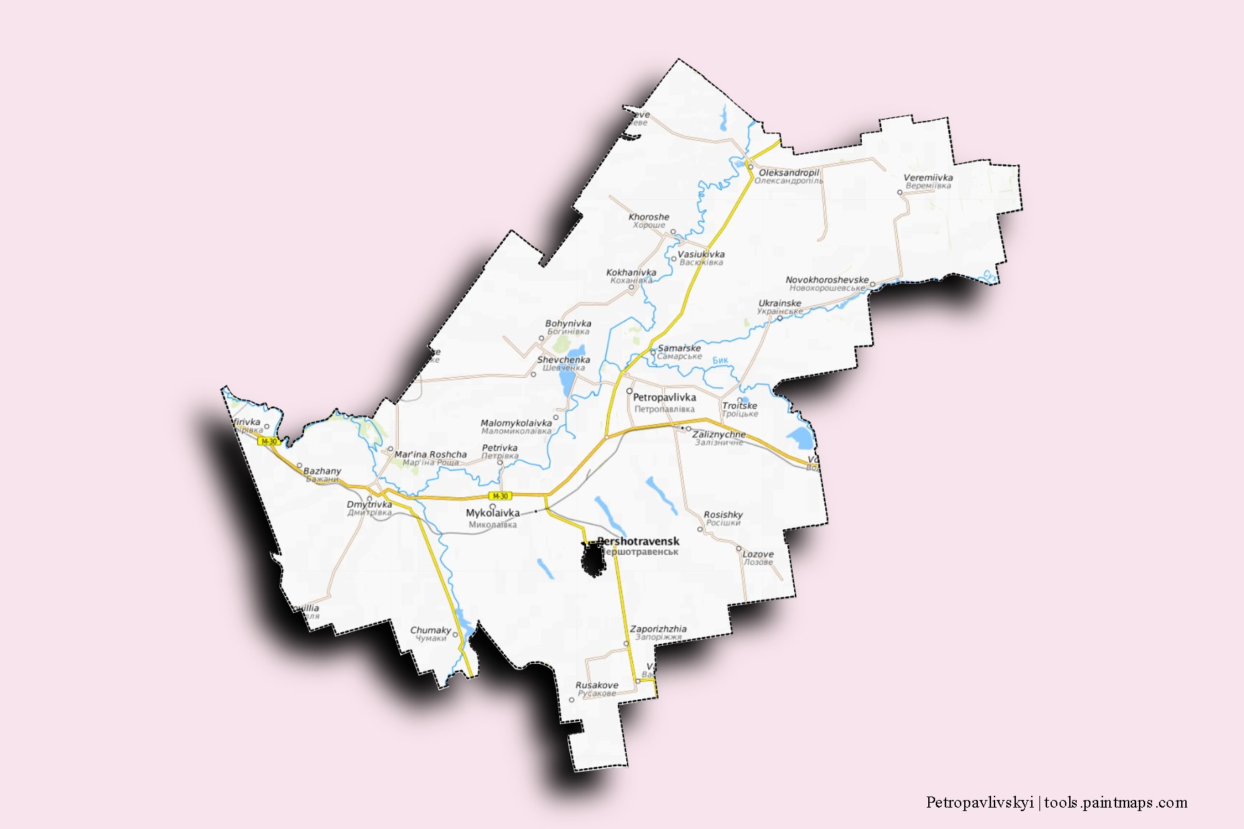 Mapa de barrios y pueblos de Petropavlivskyi con efecto de sombra 3D