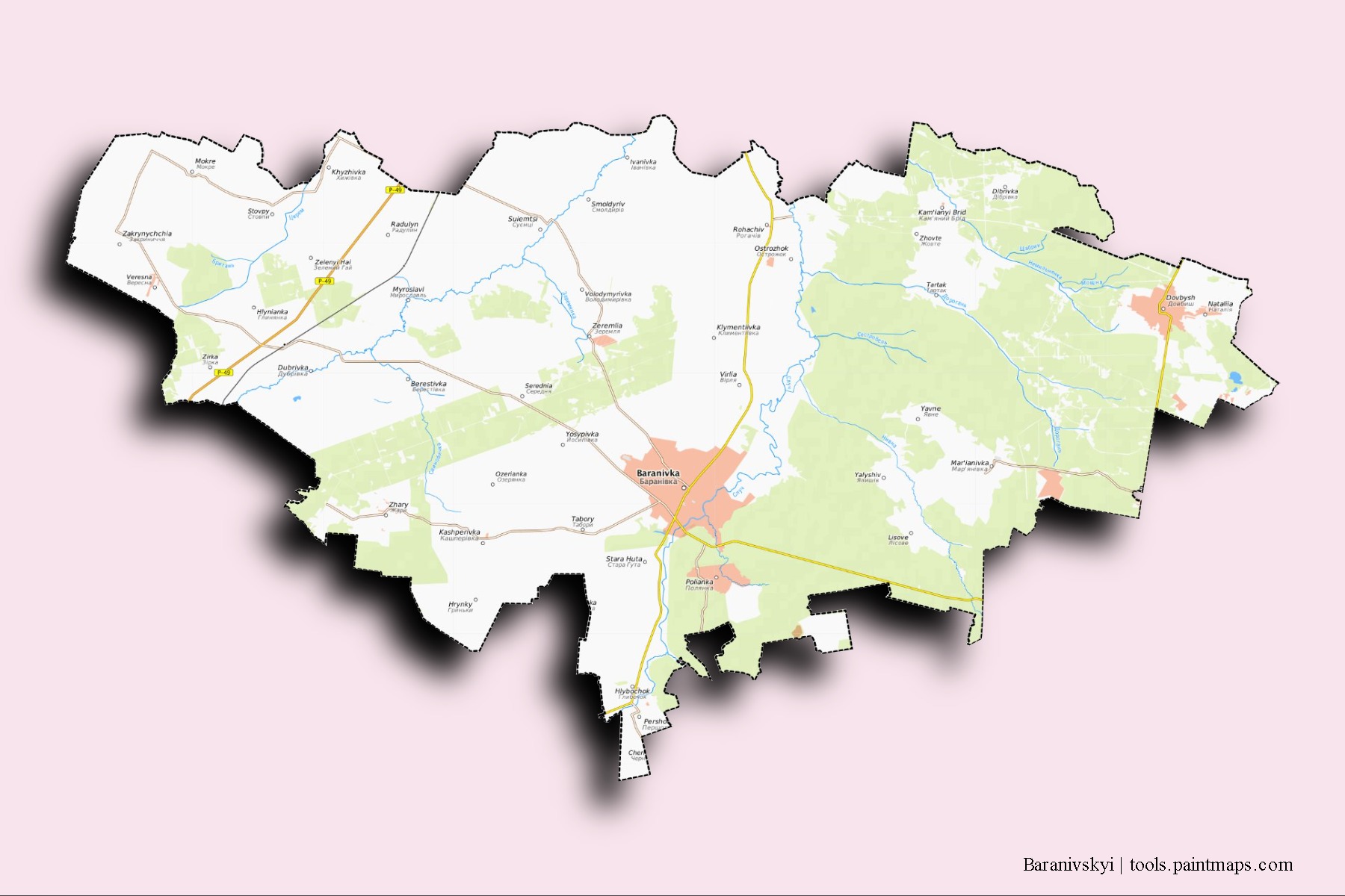 Baranivs'kyi neighborhoods and villages map with 3D shadow effect