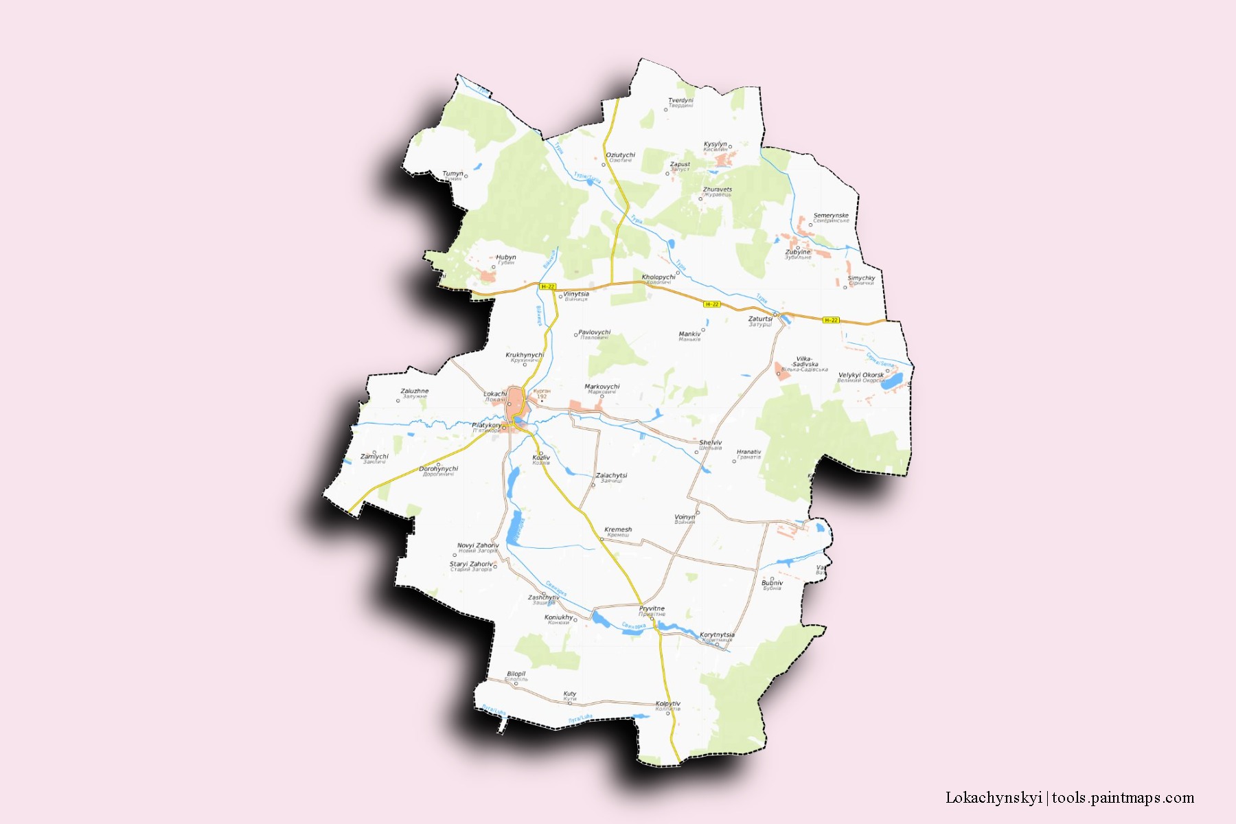 Mapa de barrios y pueblos de Lokachynskyi con efecto de sombra 3D