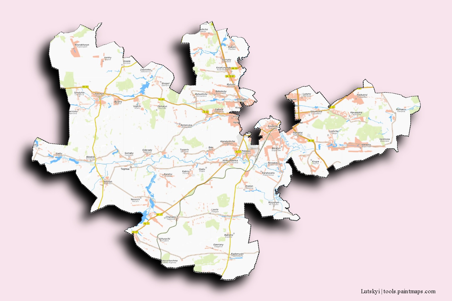 Mapa de barrios y pueblos de Lutskyi con efecto de sombra 3D