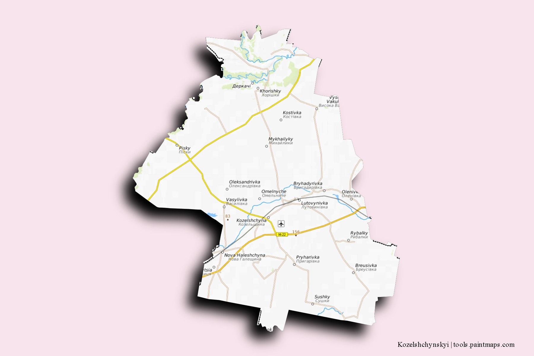 Mapa de barrios y pueblos de Kozelshchynskyi con efecto de sombra 3D