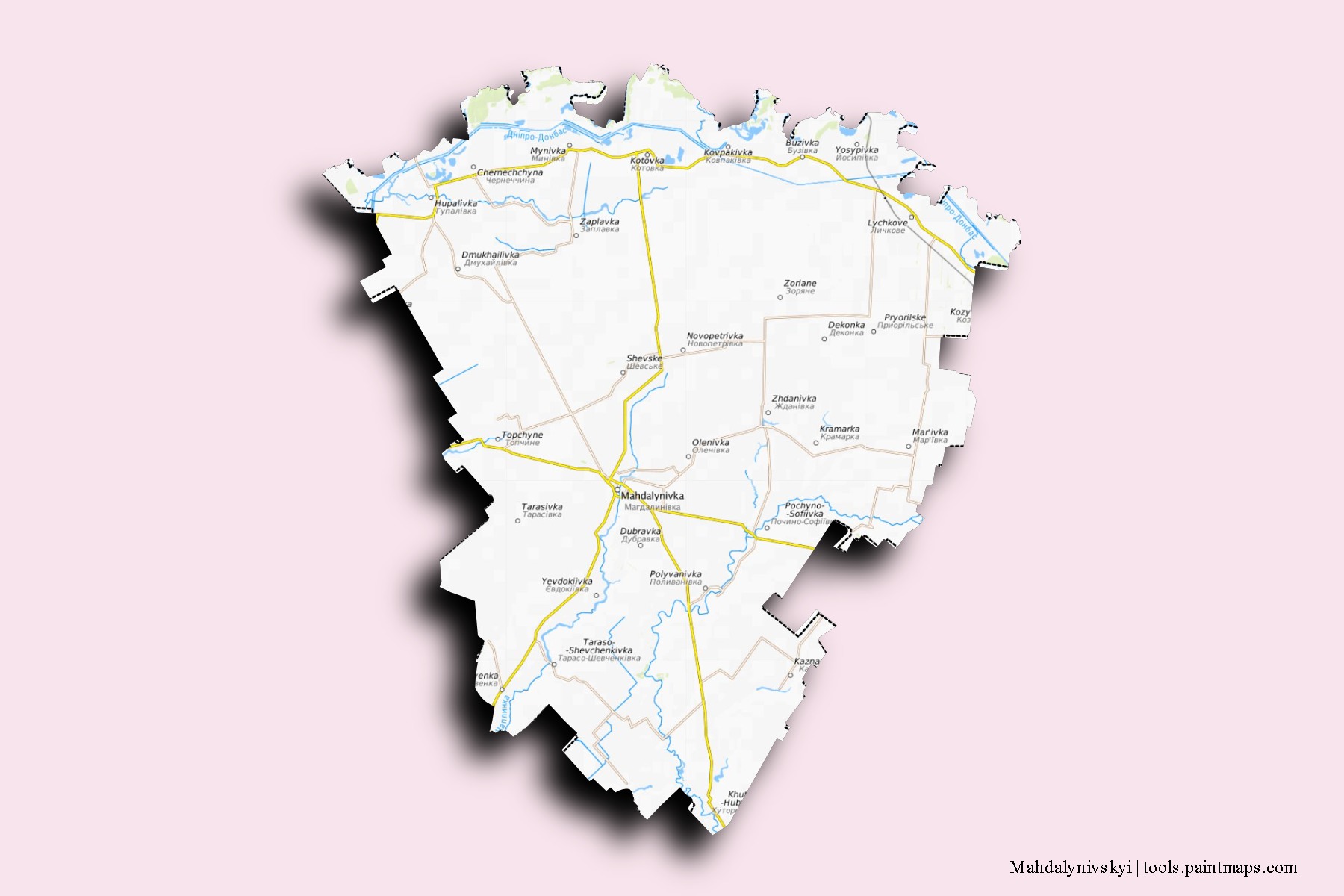 Mapa de barrios y pueblos de Mahdalynivskyi con efecto de sombra 3D