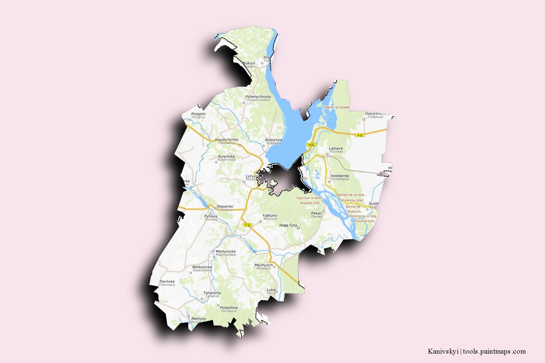 Kanivs'kyi neighborhoods and villages map with 3D shadow effect