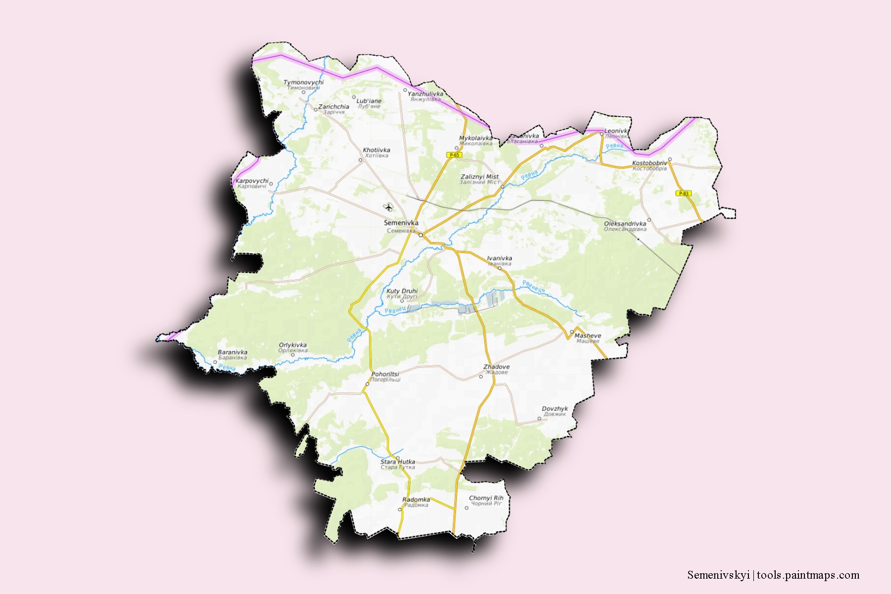 Mapa de barrios y pueblos de Semenivskyi con efecto de sombra 3D