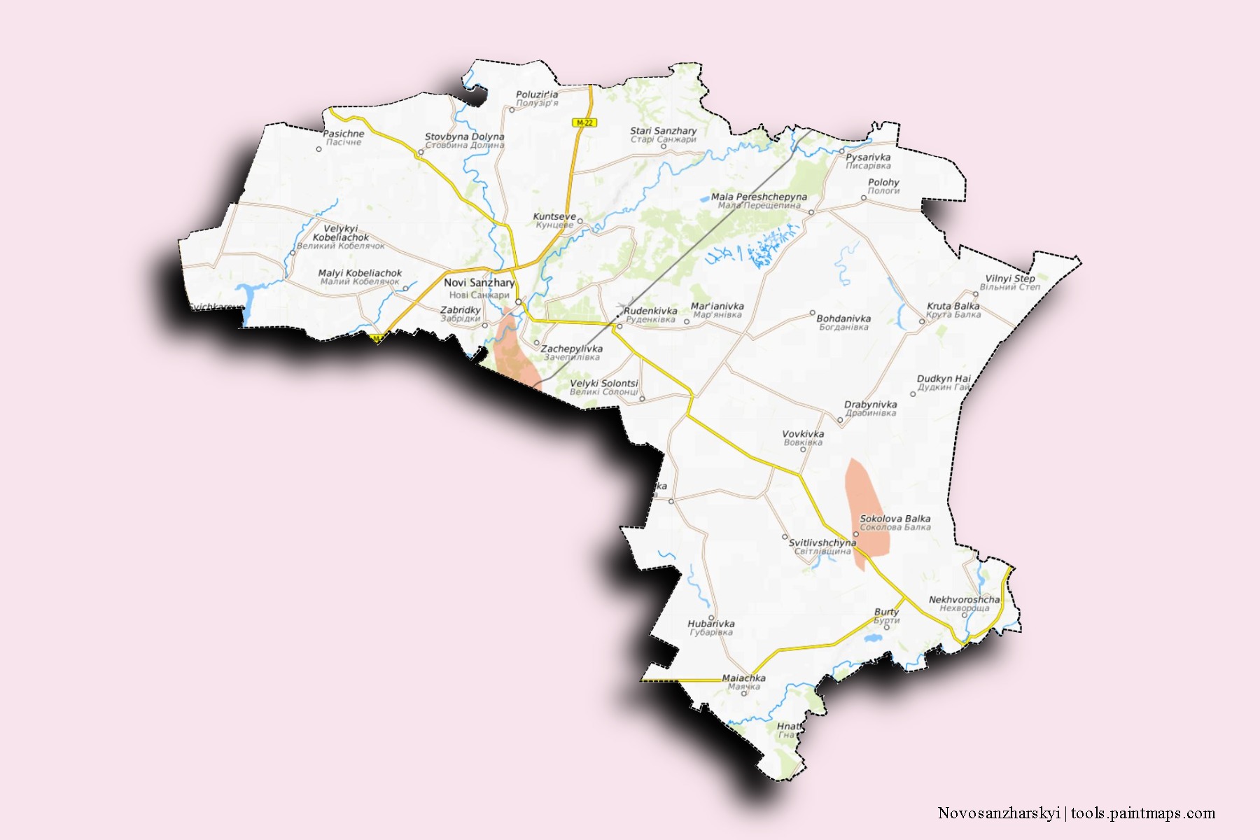 Mapa de barrios y pueblos de Novosanzharskyi con efecto de sombra 3D