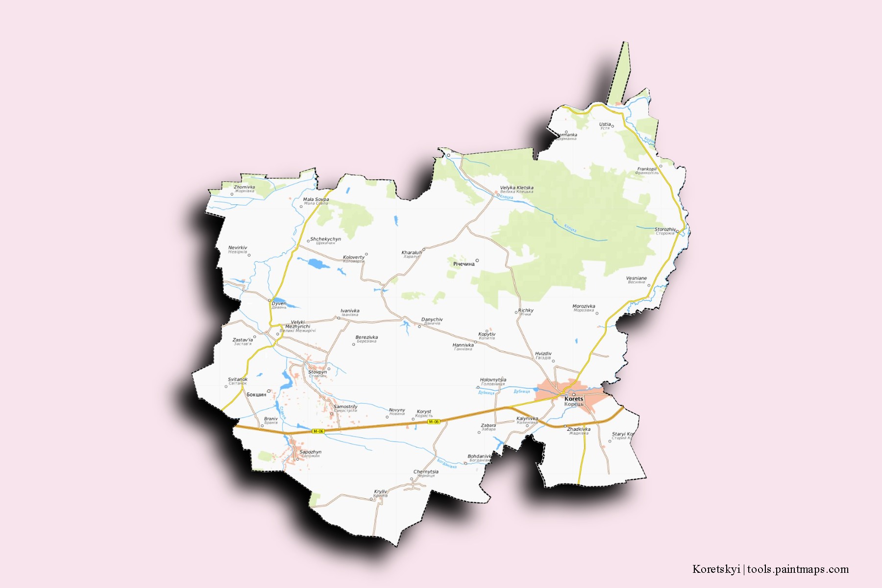 Korets'kyi neighborhoods and villages map with 3D shadow effect