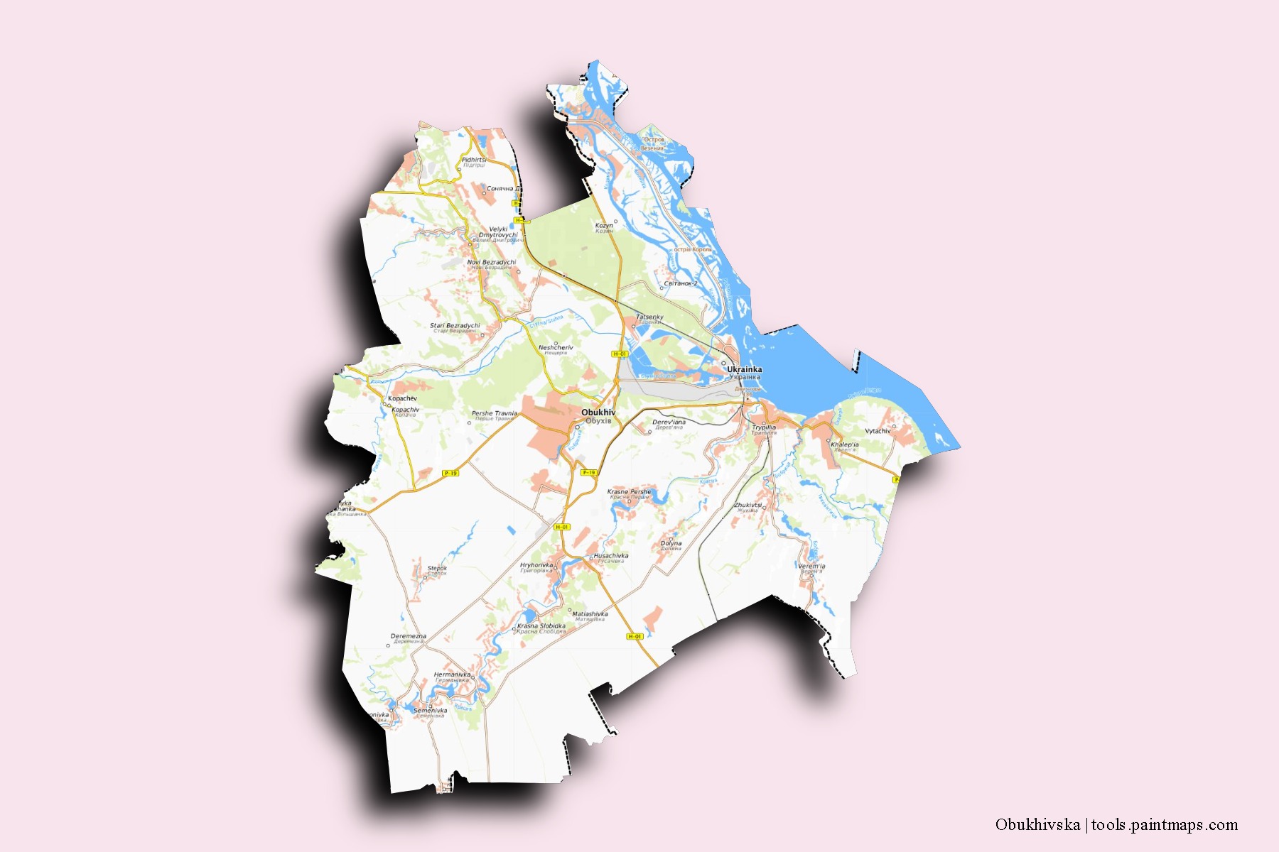 Mapa de barrios y pueblos de Obukhivska con efecto de sombra 3D