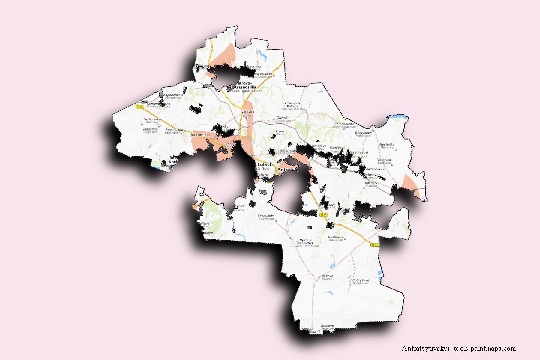 Antratsytivs'kyi neighborhoods and villages map with 3D shadow effect