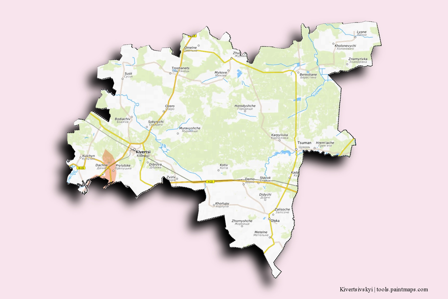 Mapa de barrios y pueblos de Kivertsivskyi con efecto de sombra 3D