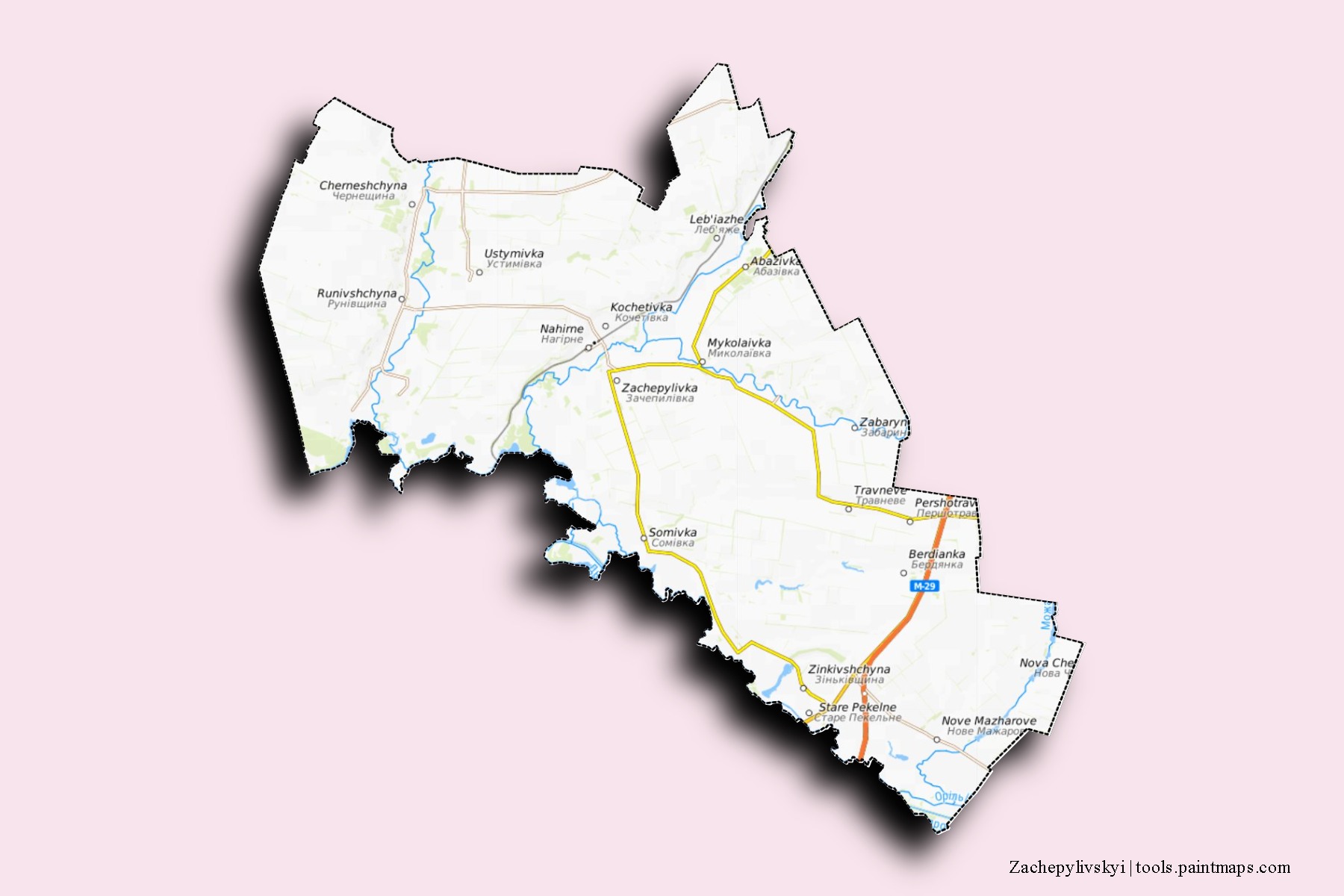 Mapa de barrios y pueblos de Zachepylivskyi con efecto de sombra 3D