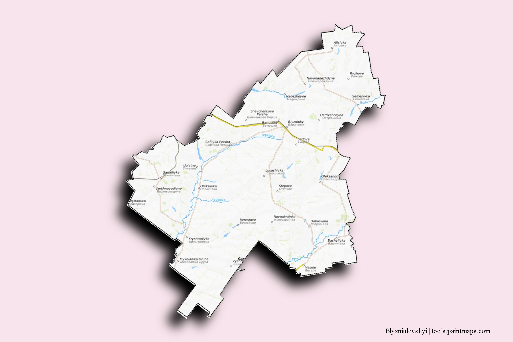 Mapa de barrios y pueblos de Blyzniukivskyi con efecto de sombra 3D