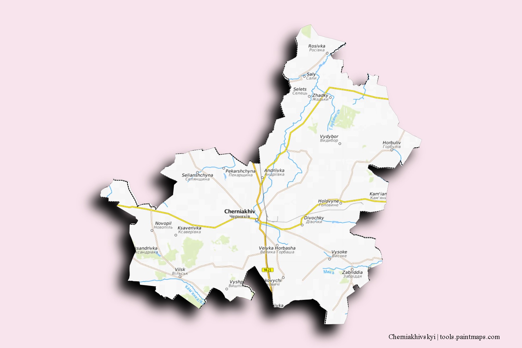 Mapa de barrios y pueblos de Cherniakhivskyi con efecto de sombra 3D