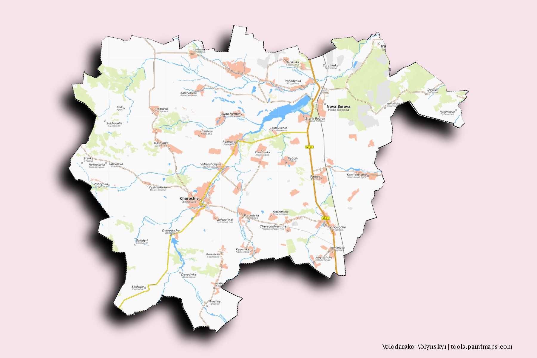 Mapa de barrios y pueblos de Volodarsko-Volynskyi con efecto de sombra 3D