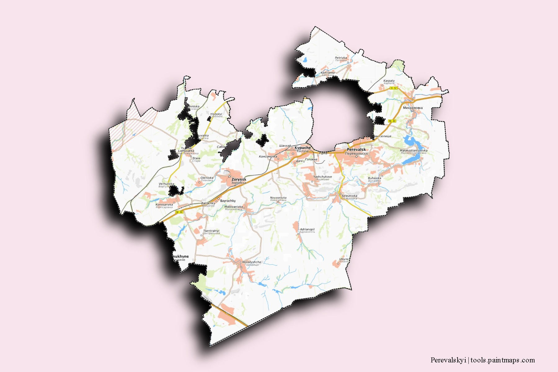 Pereval's'kyi neighborhoods and villages map with 3D shadow effect