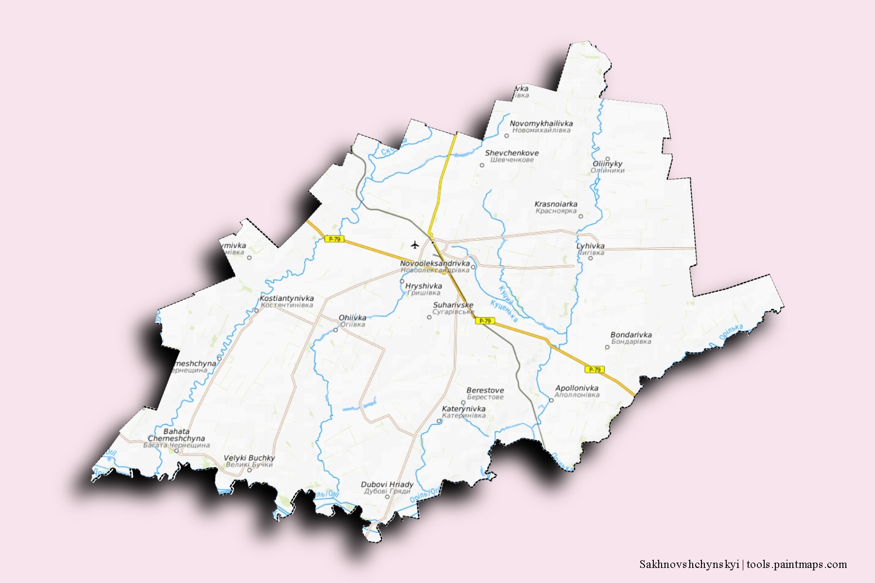 Mapa de barrios y pueblos de Sakhnovshchynskyi con efecto de sombra 3D