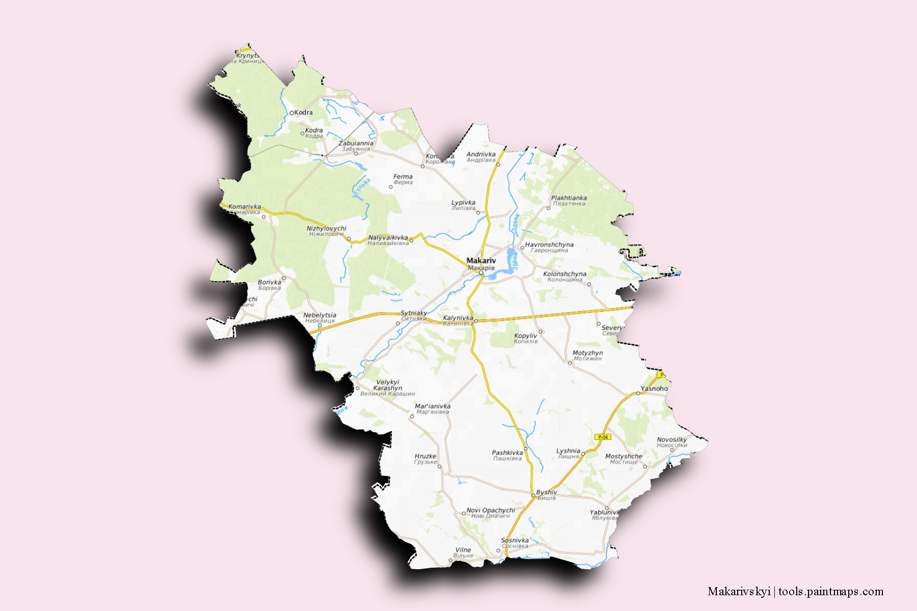 Mapa de barrios y pueblos de Makarivskyi con efecto de sombra 3D