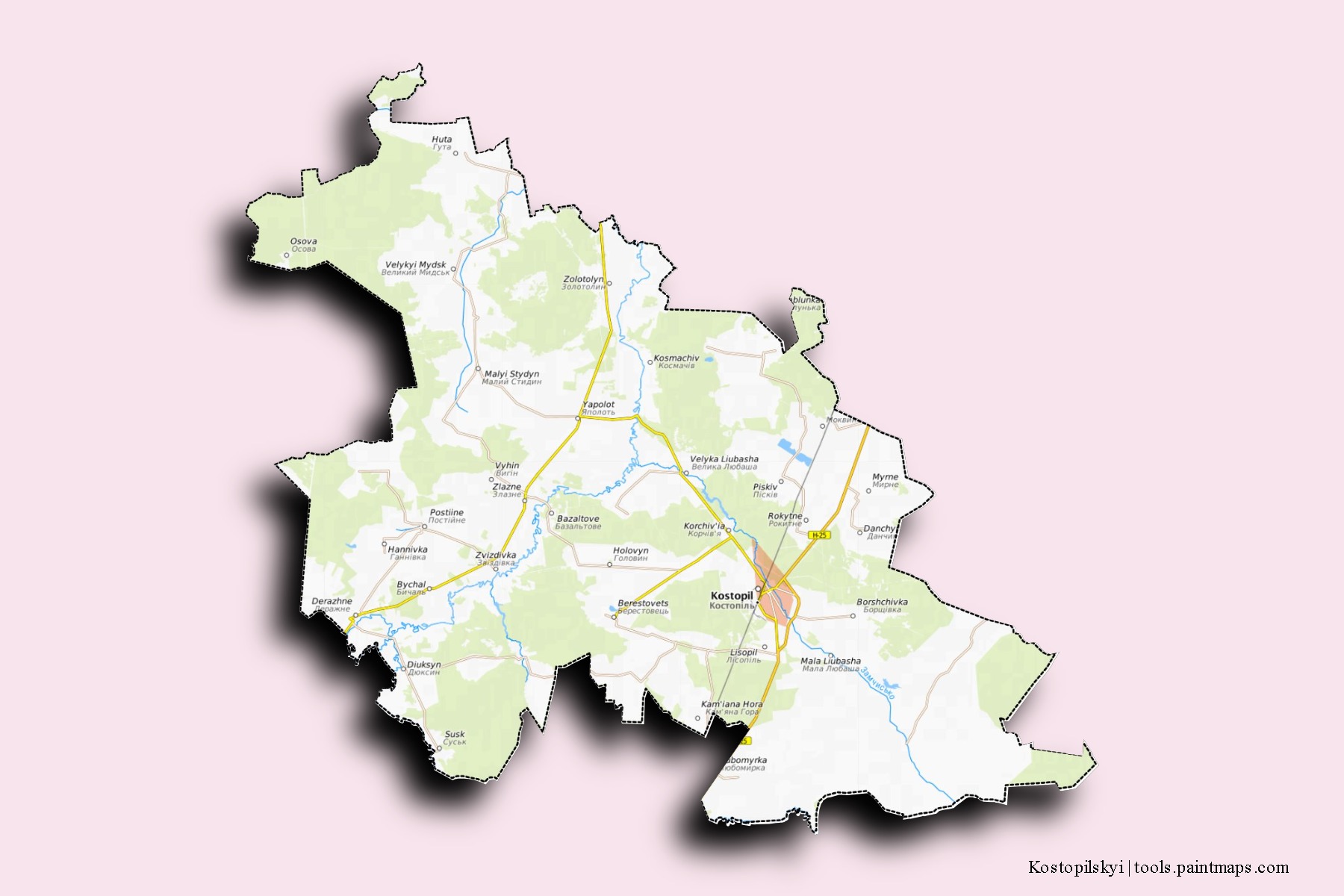 Mapa de barrios y pueblos de Kostopilskyi con efecto de sombra 3D