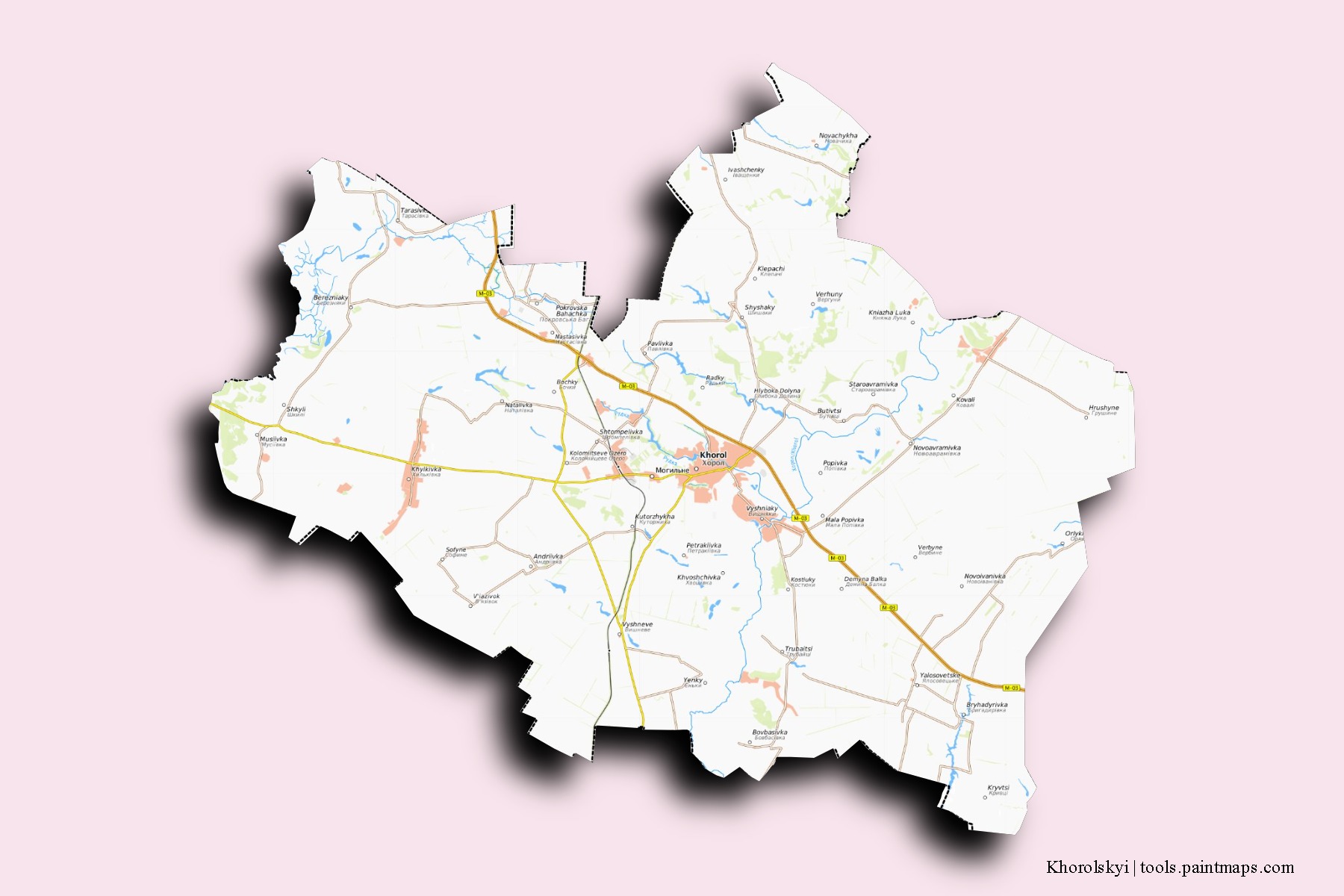 Mapa de barrios y pueblos de Khorolskyi con efecto de sombra 3D