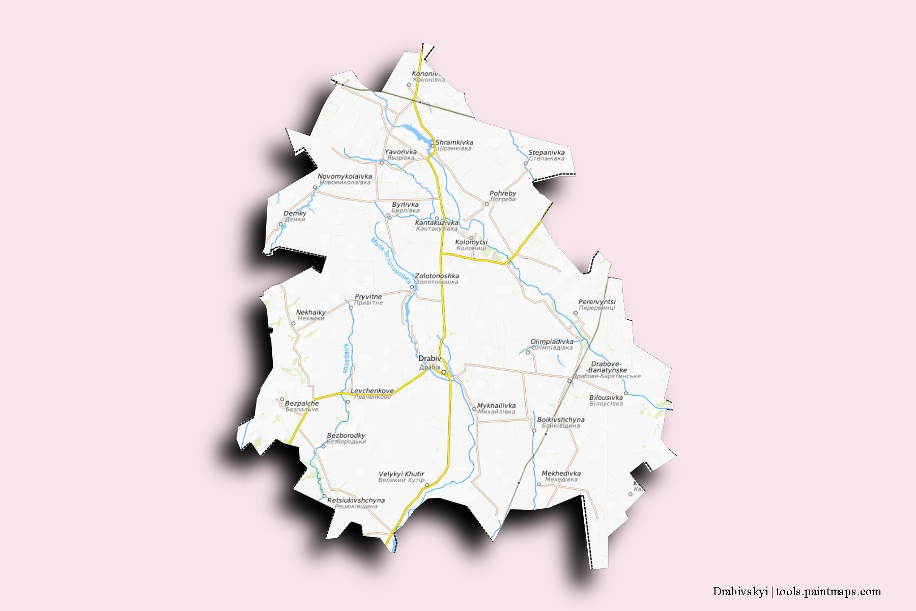 Mapa de barrios y pueblos de Drabivskyi con efecto de sombra 3D