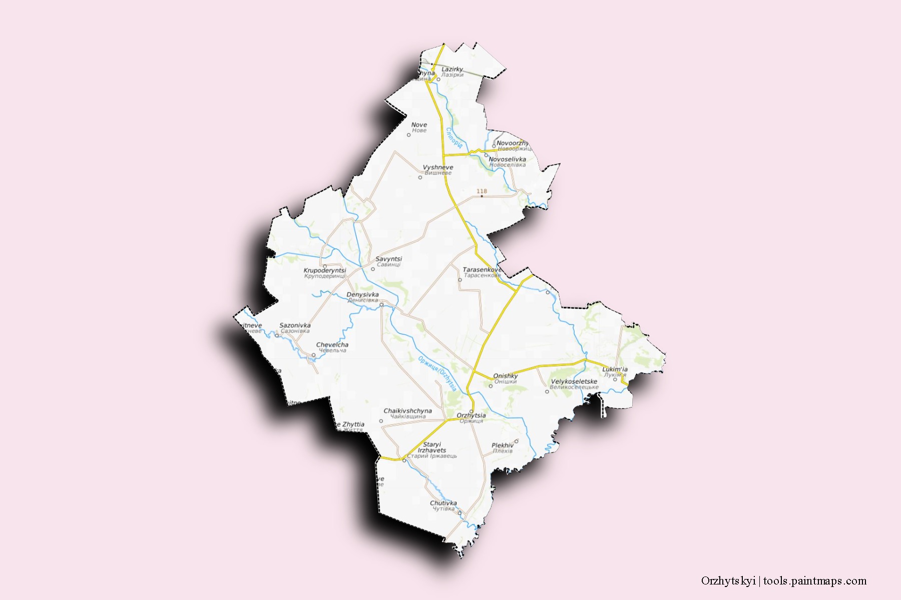 Mapa de barrios y pueblos de Orzhytskyi con efecto de sombra 3D