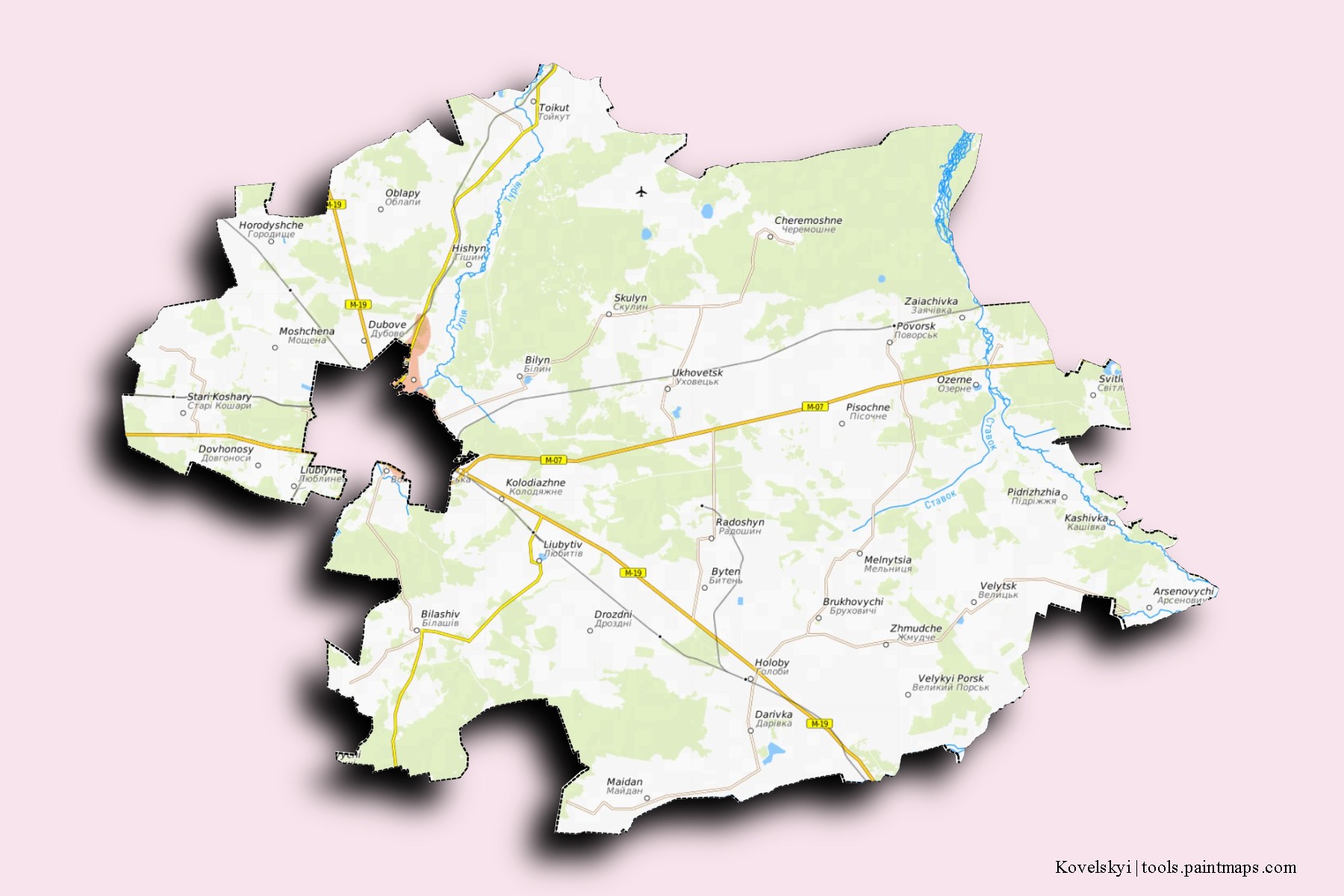 Mapa de barrios y pueblos de Kovelskyi con efecto de sombra 3D