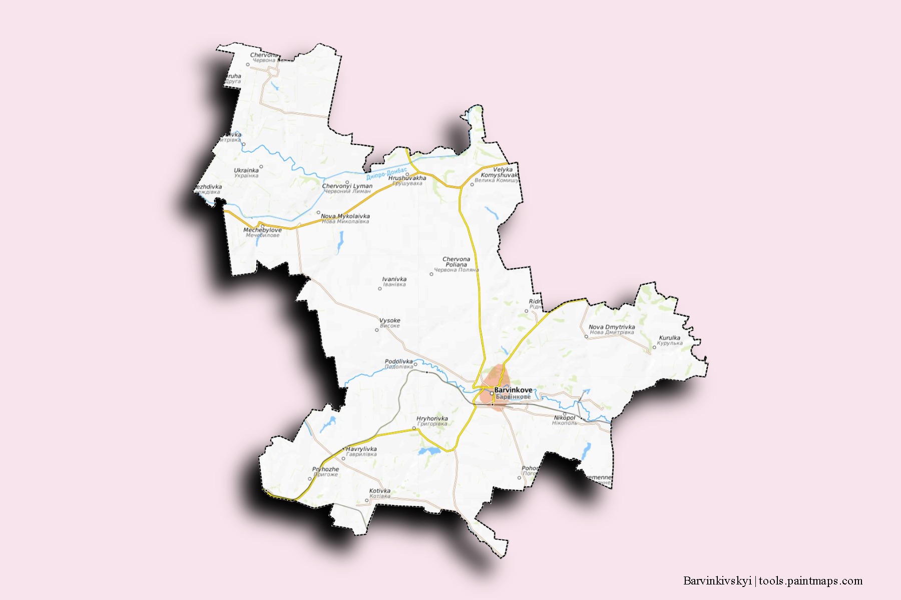 Mapa de barrios y pueblos de Barvinkivskyi con efecto de sombra 3D