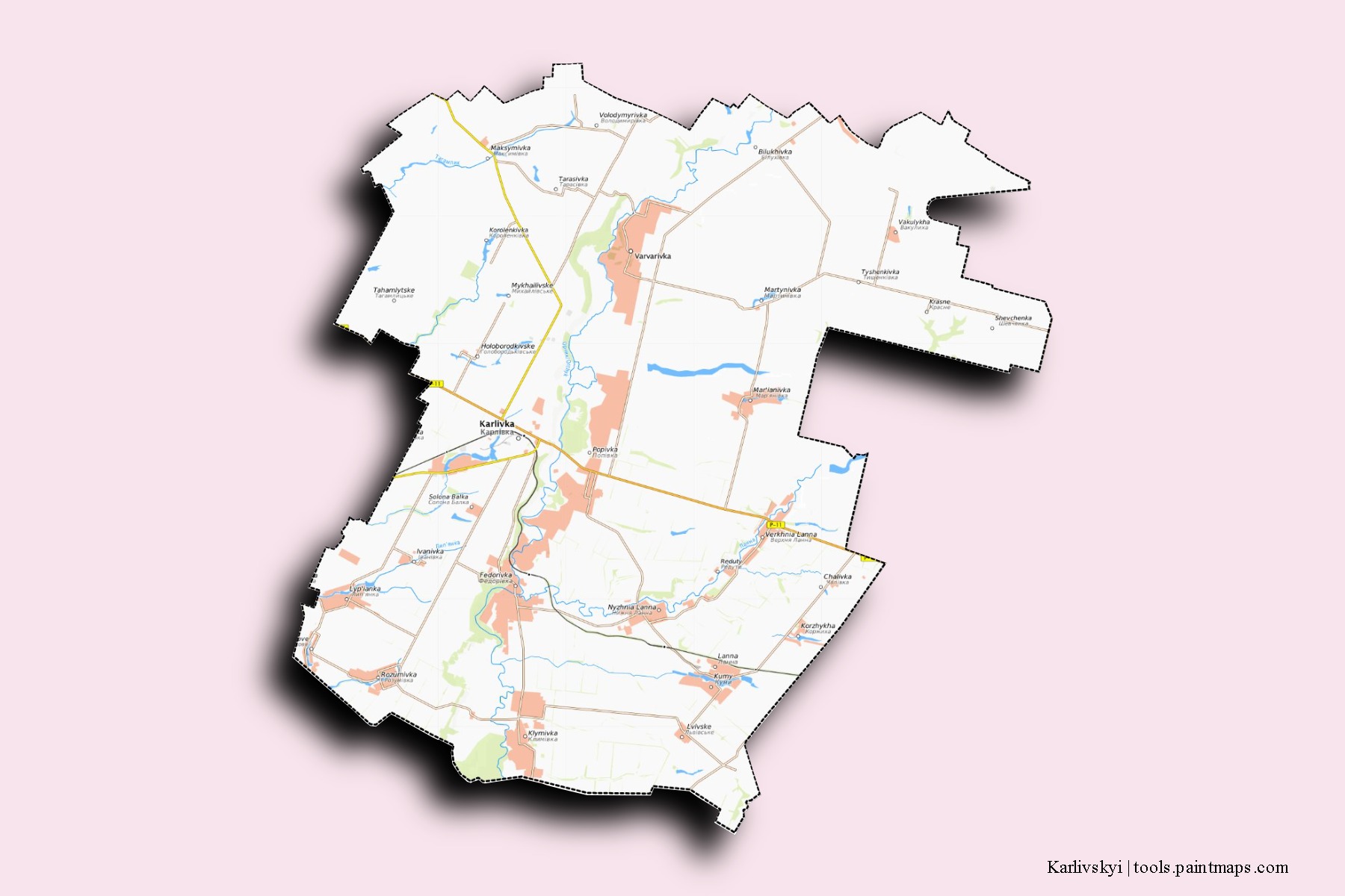 Karlivs'kyi neighborhoods and villages map with 3D shadow effect