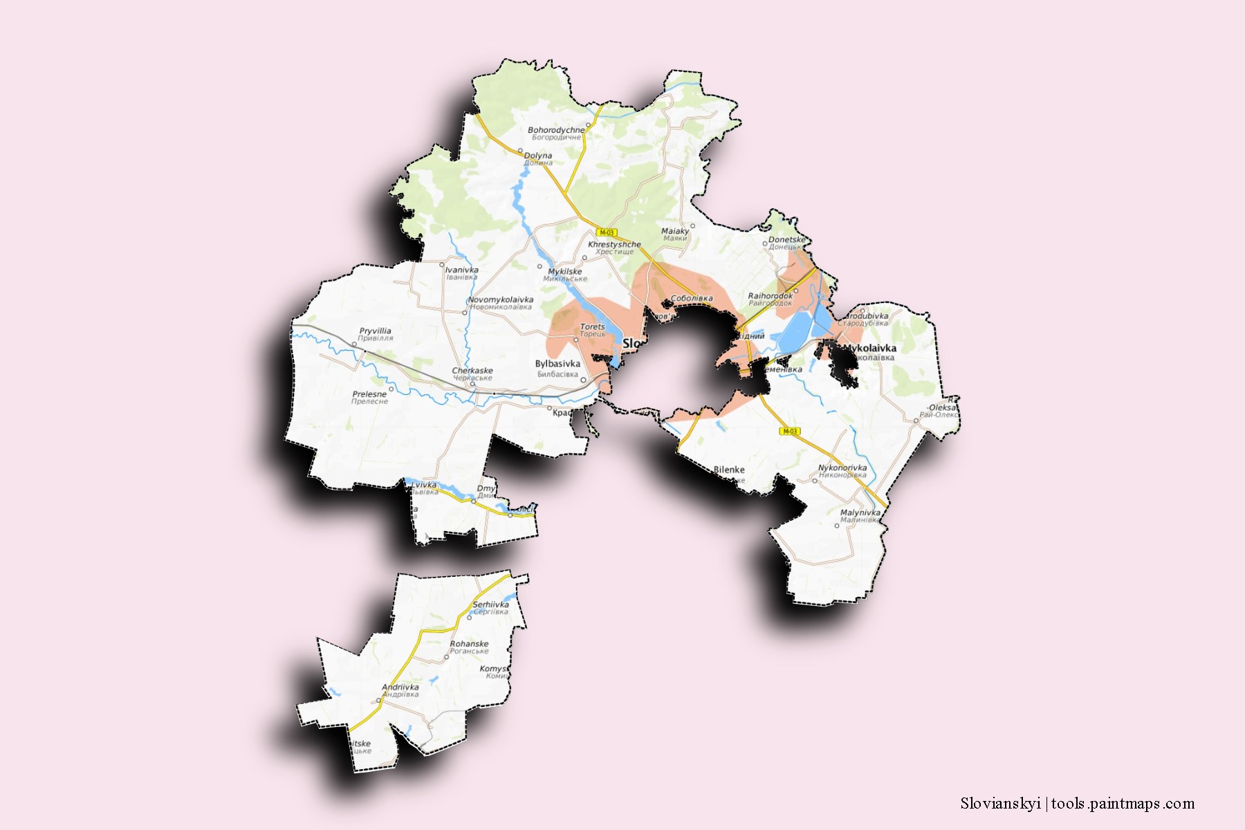 Mapa de barrios y pueblos de Slovianskyi con efecto de sombra 3D