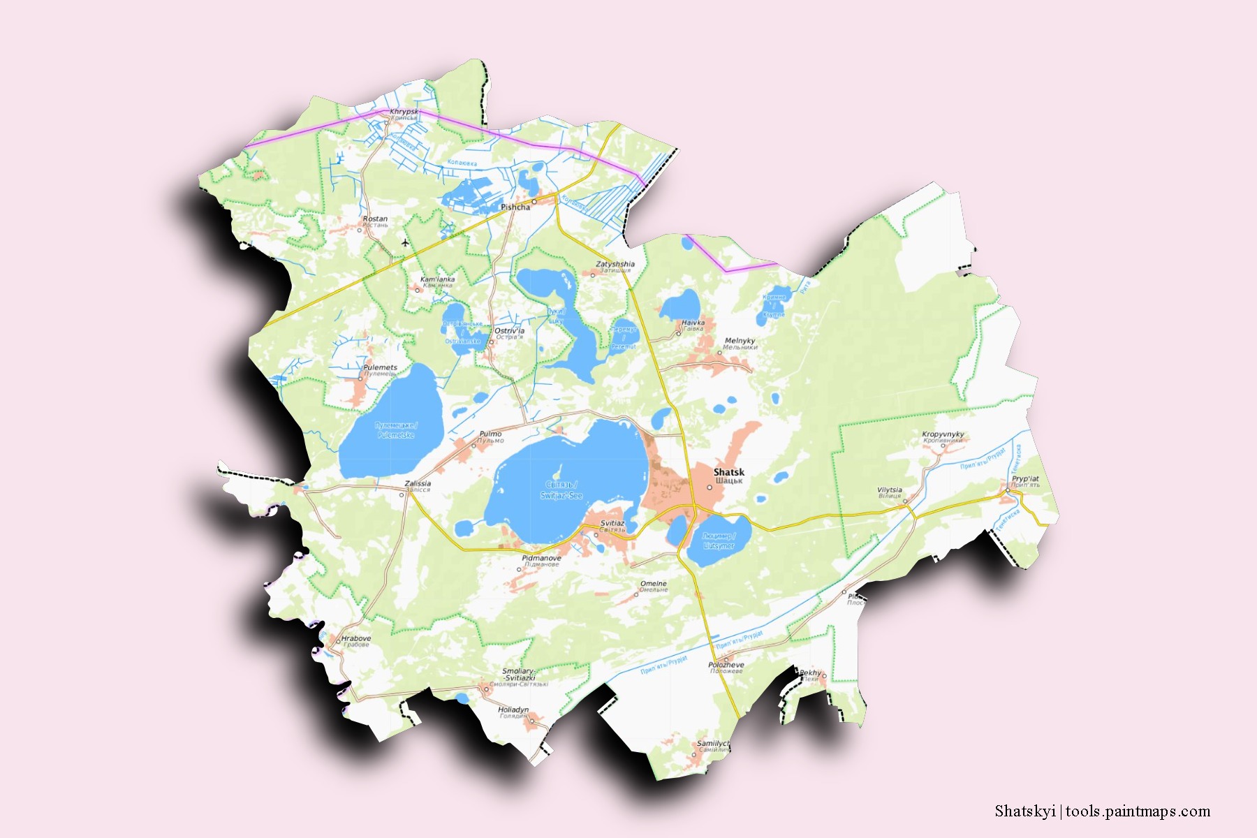 Mapa de barrios y pueblos de Shatskyi con efecto de sombra 3D