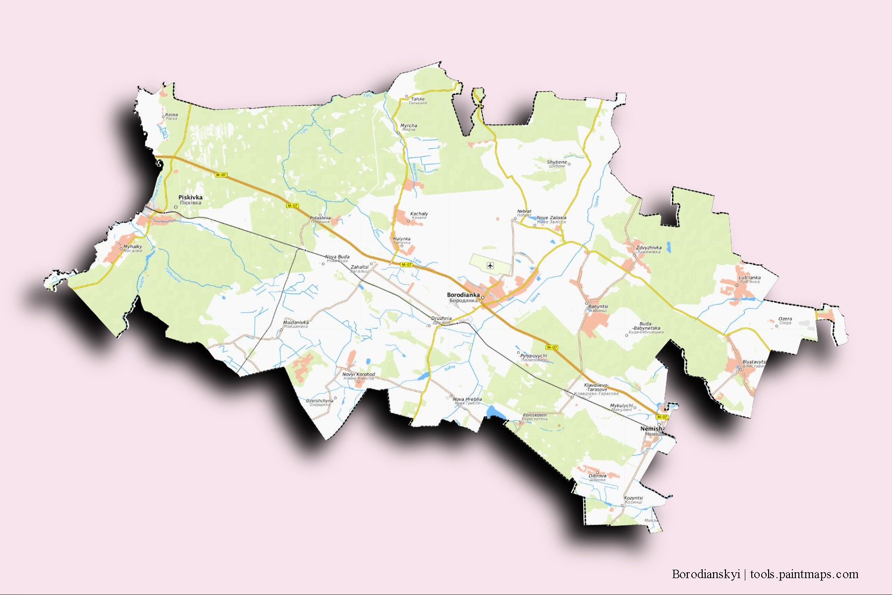 Mapa de barrios y pueblos de Borodianskyi con efecto de sombra 3D