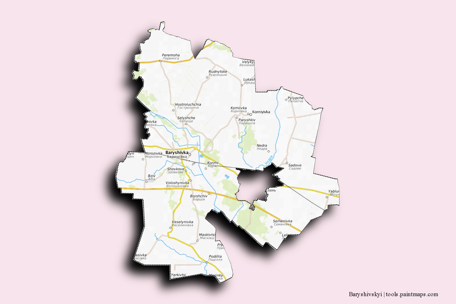 Mapa de barrios y pueblos de Baryshivskyi con efecto de sombra 3D