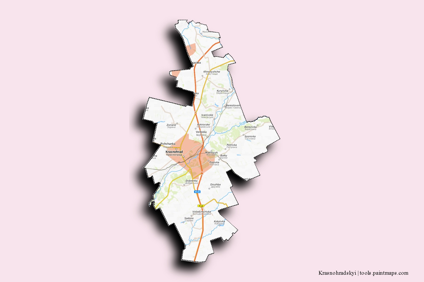 3D gölge efektli Krasnohradskyi mahalleleri ve köyleri haritası