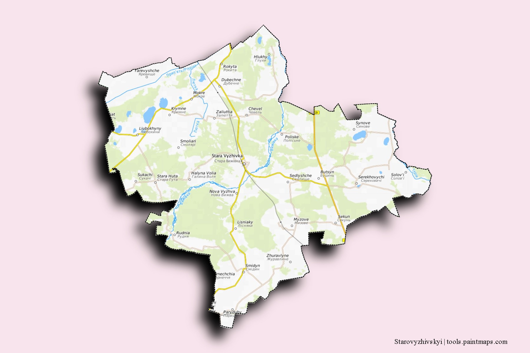 Mapa de barrios y pueblos de Starovyzhivskyi con efecto de sombra 3D