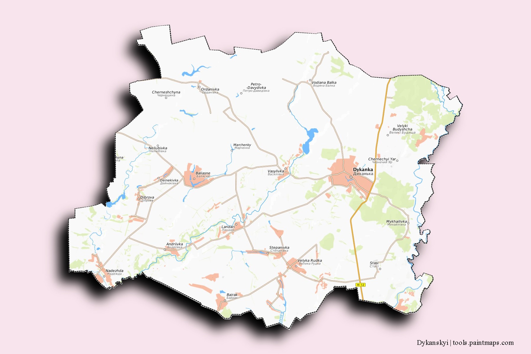 Mapa de barrios y pueblos de Dykanskyi con efecto de sombra 3D