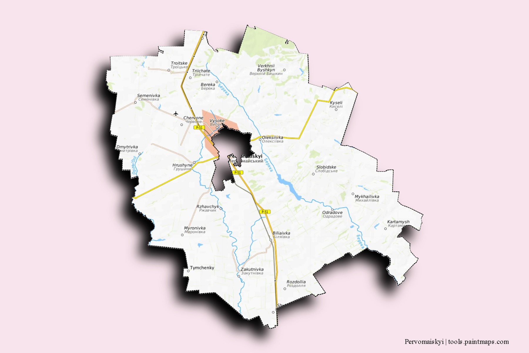 Mapa de barrios y pueblos de Pervomaiskyi con efecto de sombra 3D