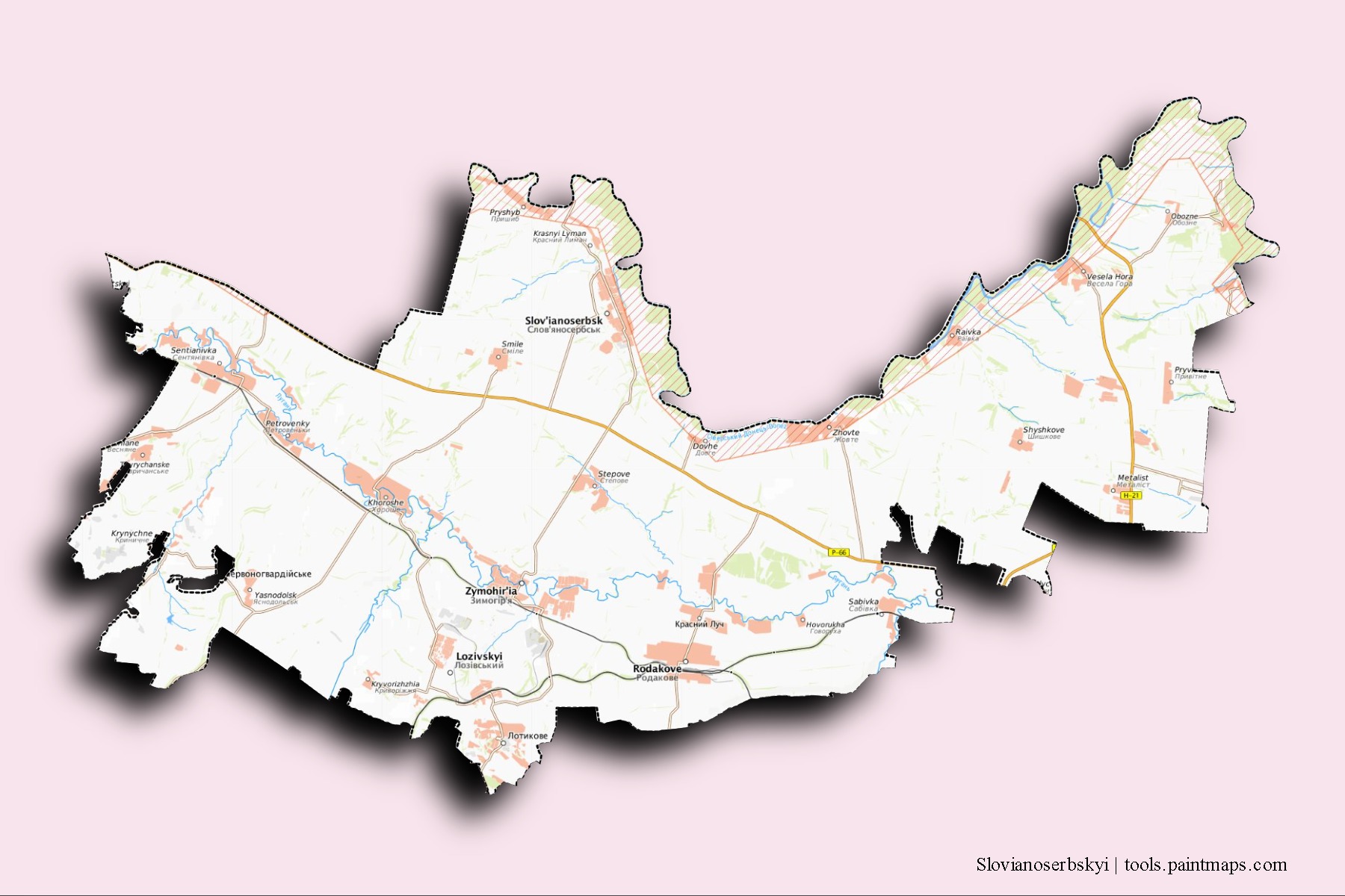 Slovyanoserbs'kyi neighborhoods and villages map with 3D shadow effect