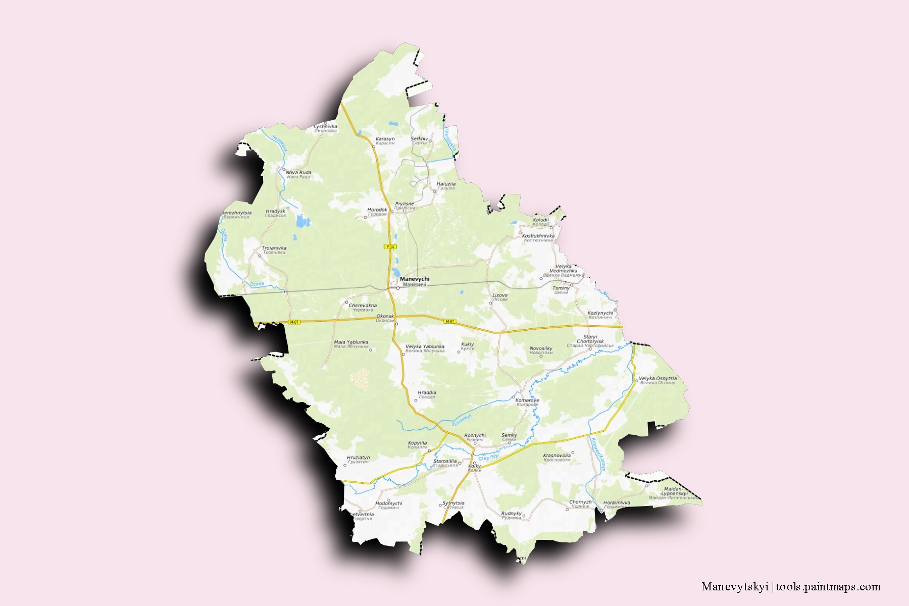 Mapa de barrios y pueblos de Manevytskyi con efecto de sombra 3D