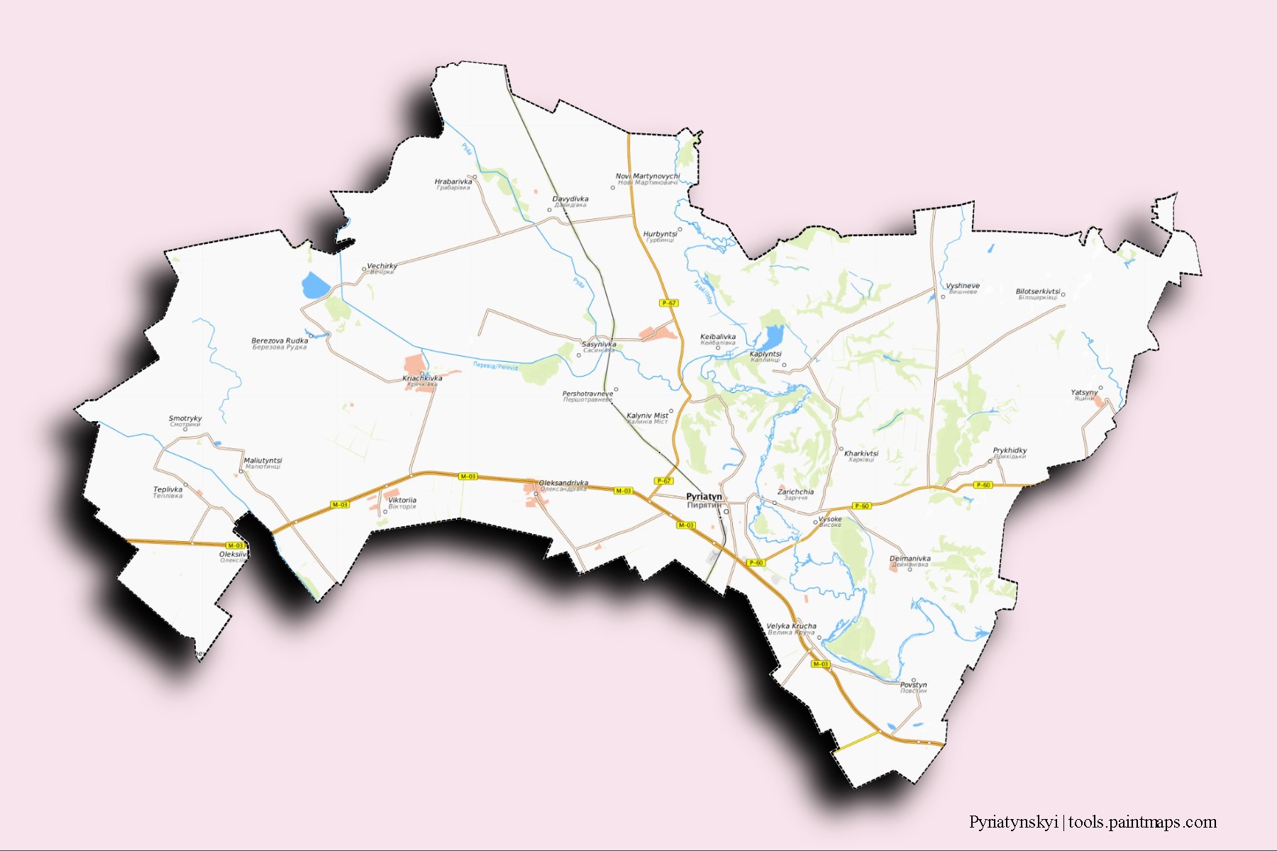 Mapa de barrios y pueblos de Pyriatynskyi con efecto de sombra 3D