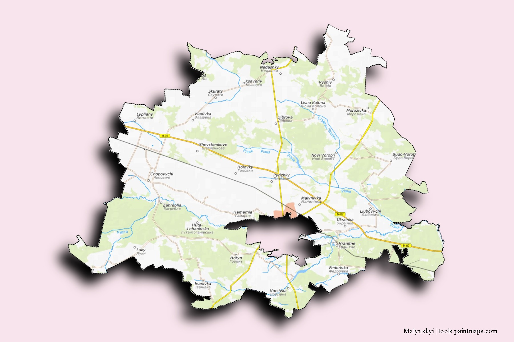 Malyns'kyi neighborhoods and villages map with 3D shadow effect