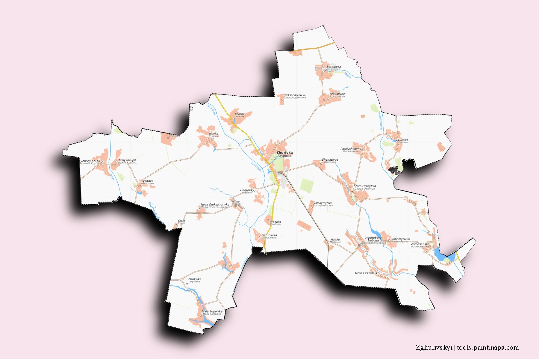 3D gölge efektli Zghurivskyi mahalleleri ve köyleri haritası