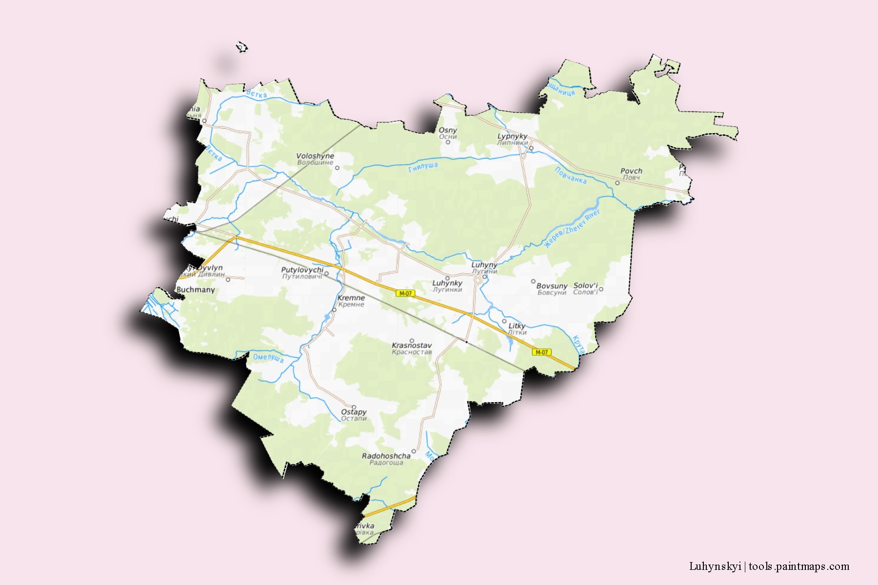 Mapa de barrios y pueblos de Luhynskyi con efecto de sombra 3D