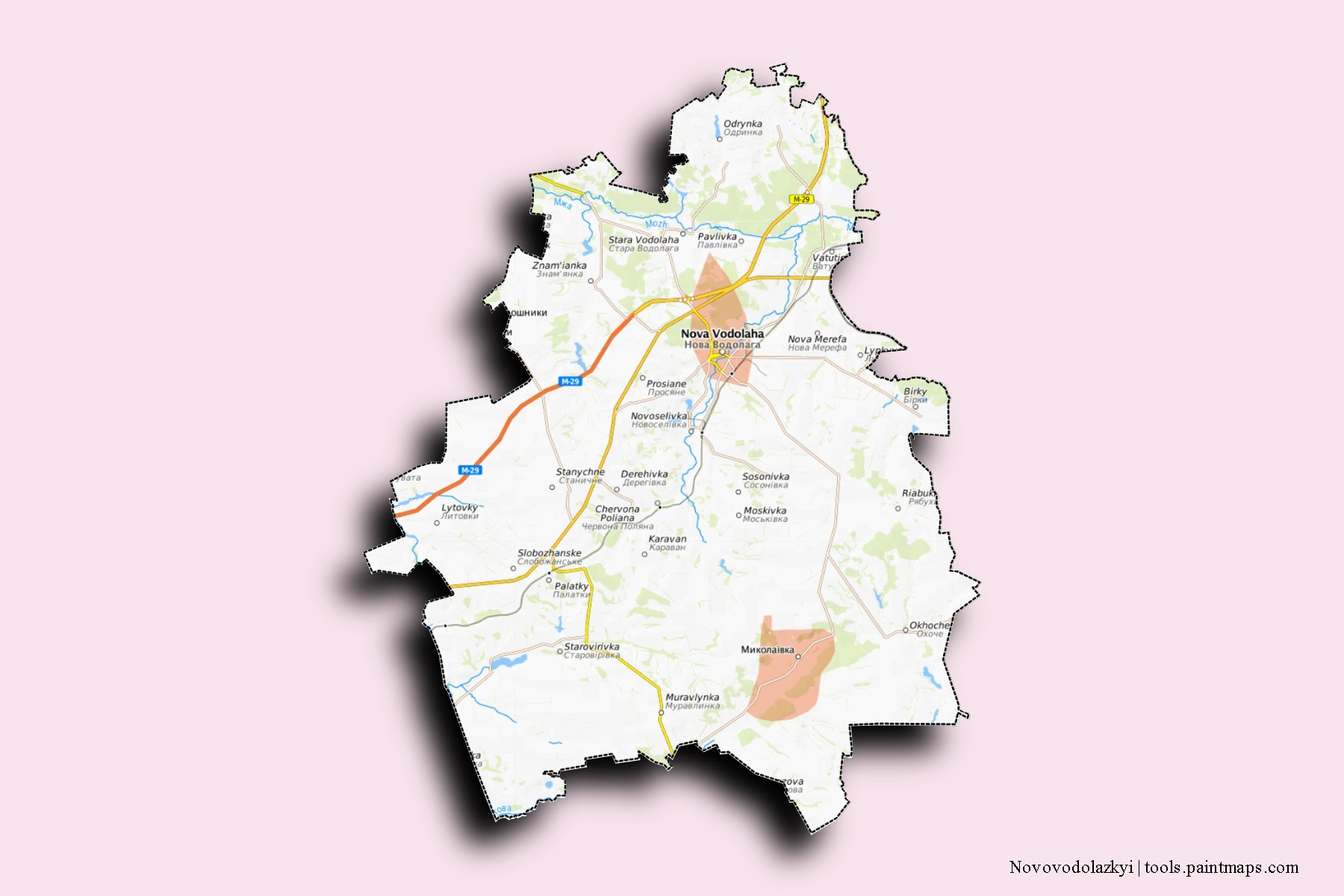 Mapa de barrios y pueblos de Novovodolazkyi con efecto de sombra 3D