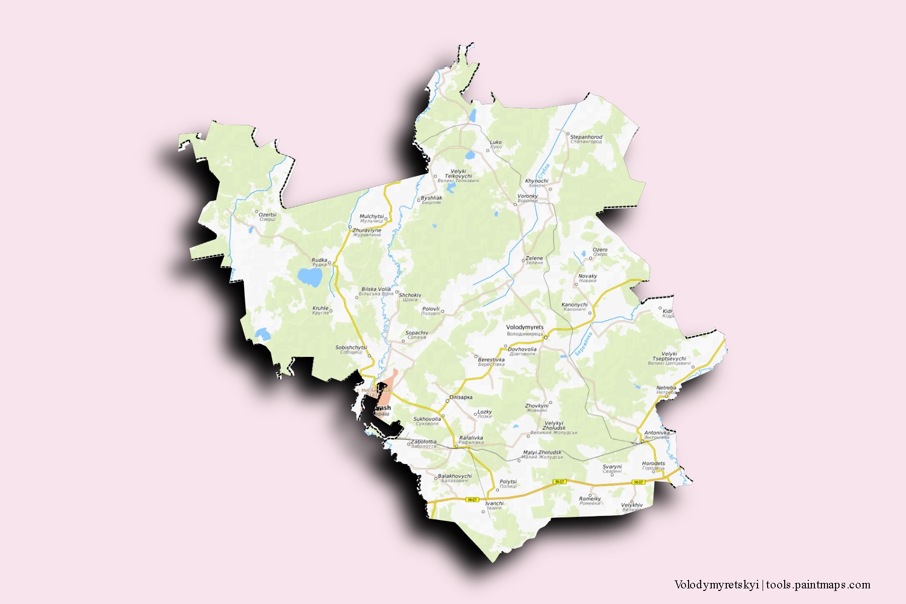 Volodymyrets'kyi neighborhoods and villages map with 3D shadow effect